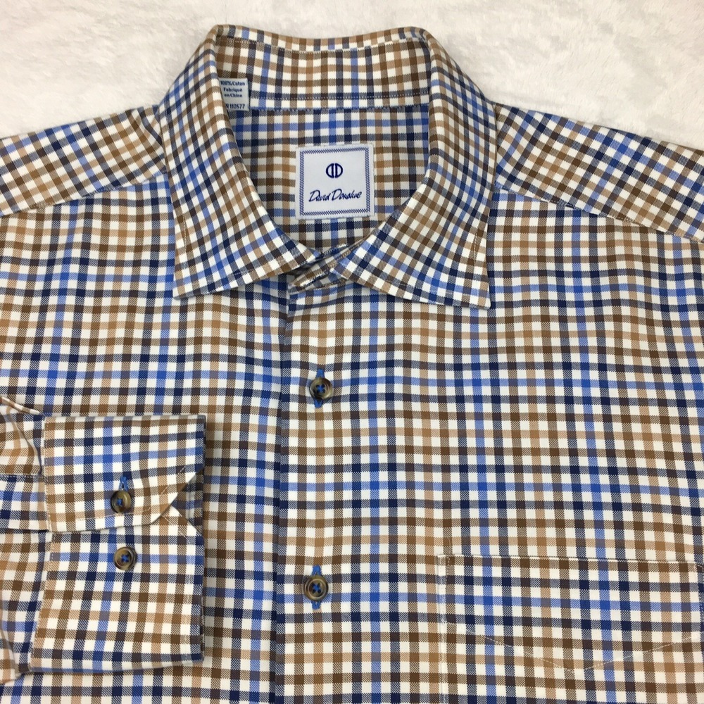 David Donahue Dress Shirt Men's XL Blue/Brown Checks Heavier Cotton